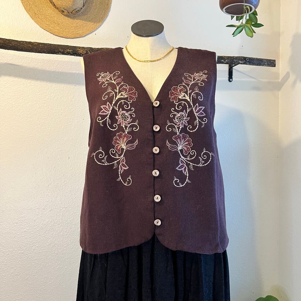 Vintage Carole Little USA Made Purple Floral Embroidered Button Vest Top Size 14